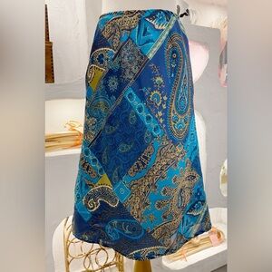 Vintage Y2K Satin Paisley Midi A-Line Skirt with Stretchy Elastic Waistband